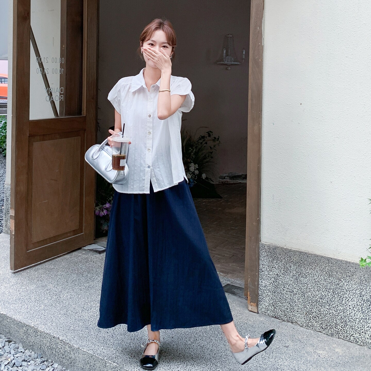 韩版白色短袖衬衫高腰半身裙套装女2025年夏季新款减龄通勤两件套,女装套装/套裙,2C212
