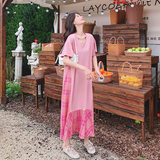 法式粉色拼接格子连衣裙女夏2025新款鱼尾裙高端精致多巴胺t恤裙，女装连衣裙，2C069