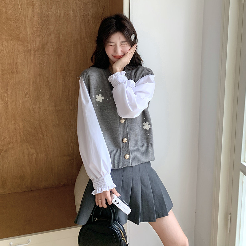 灰色绣花针织马甲套装女2025春季新款法式超好看小个子衬衫两件套,女装套装/套裙,2C166