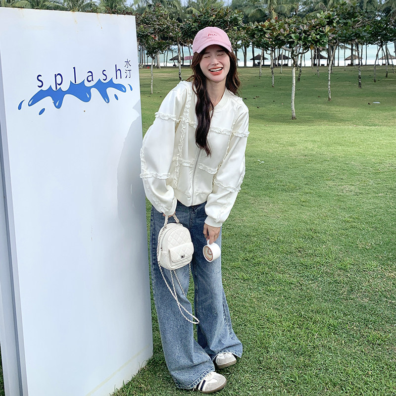 米白色设计感木耳边拼接棒球服女2026早春新款小个子休闲减龄外套图片