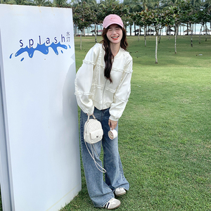 米白色设计感木耳边拼接棒球服女2026早春新款小个子休闲减龄外套图片