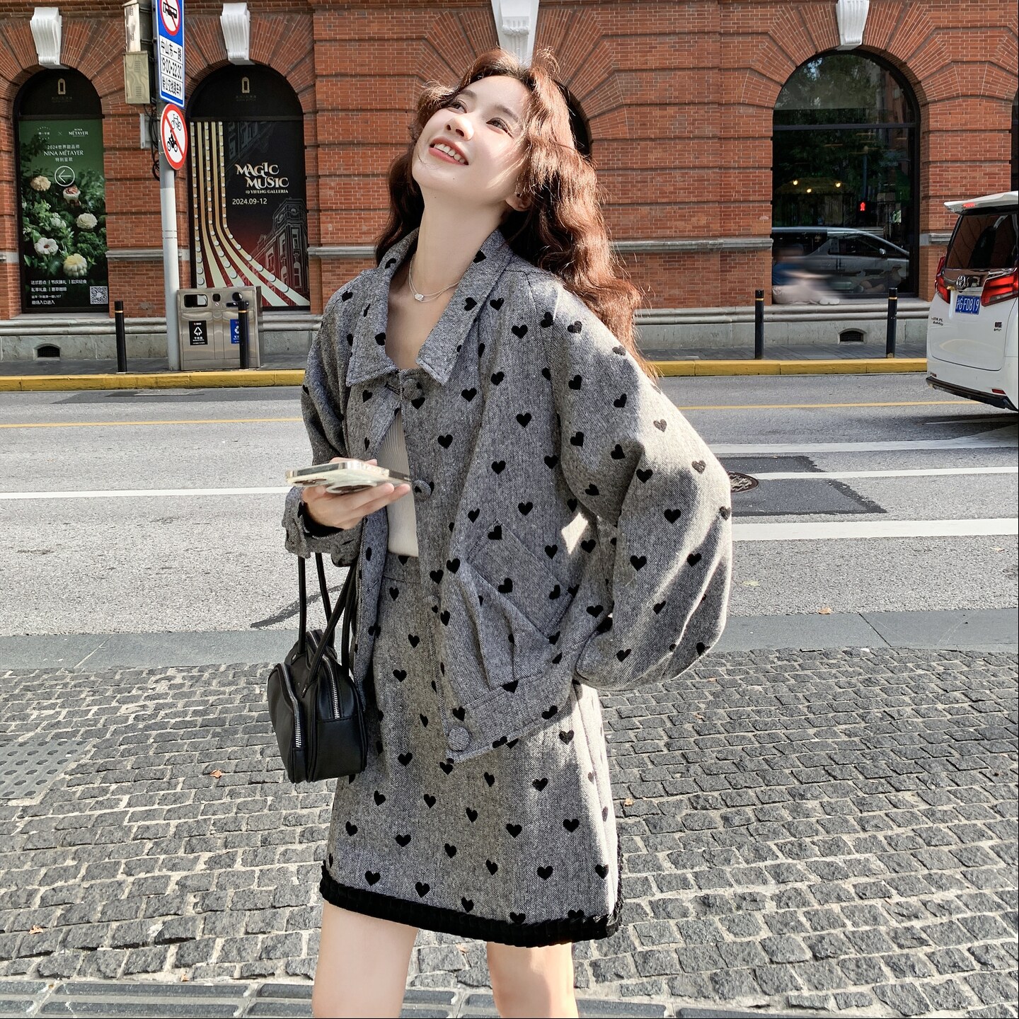 灰色碎花毛呢外套半身裙套装女秋冬2025新款超火小个子两件套爆款,女装套装/套裙,2C177