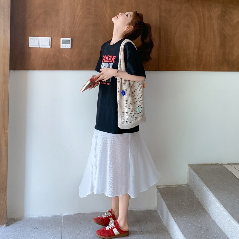 甜美休闲网纱拼接黑色T恤连衣裙女夏2025新款今年流行爆款长裙子,女装连衣裙,2C115