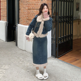 羊羔毛拼接牛仔套装裙女秋冬2025新款高级感半身裙两件套韩系超火，女装套装/套裙，2C113