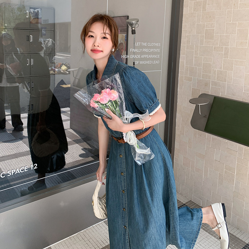时尚牛仔连衣裙女学院风2025夏季新款高级感修身气质短袖长款裙子,女装连衣裙,2C126
