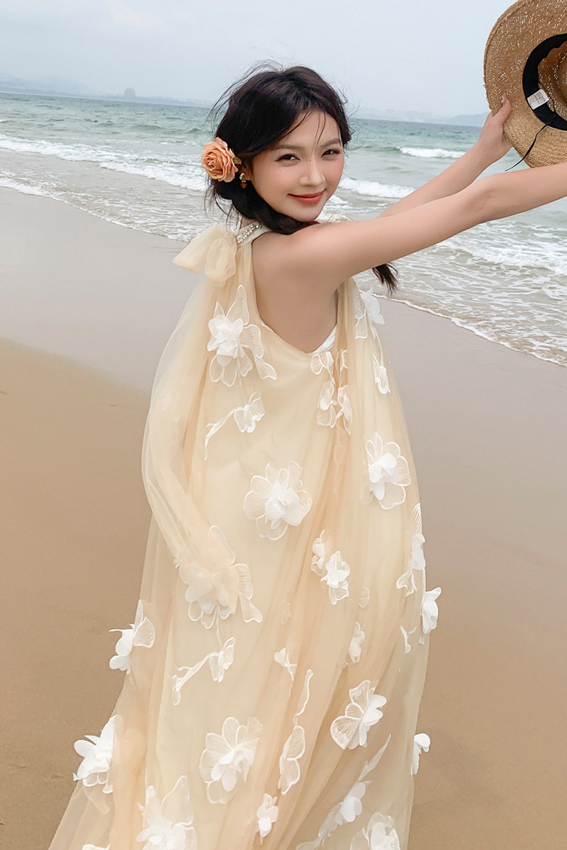 新品法式重工立体花挂脖连衣裙2599-P135-K208,女装连衣裙,2C159