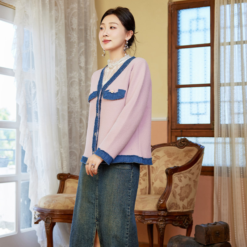 雪尼尔2025秋装小香风短款外套牛仔拼接2c091-6830p164k279,女装短外套,2C091