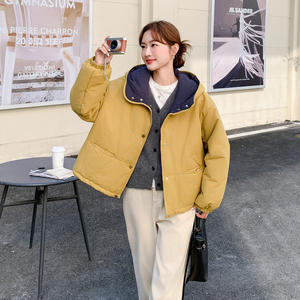拼色格子连帽棉服外套女2025秋冬新款韩版宽松设计感减龄休闲棉衣图片