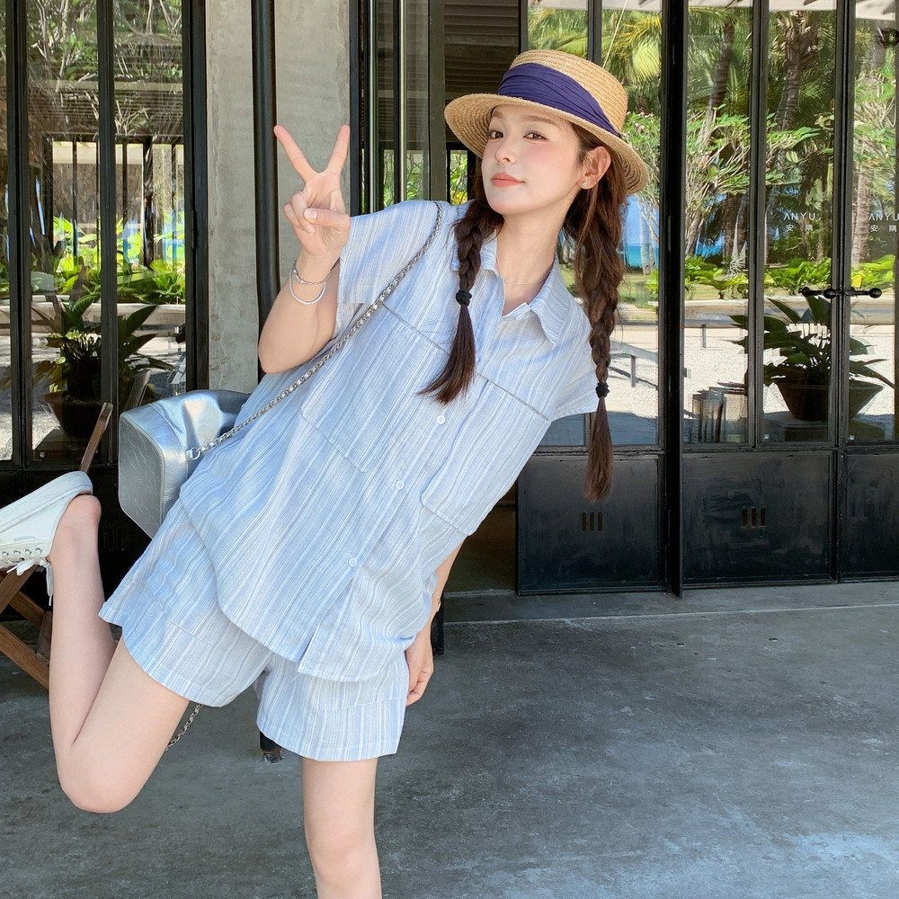 现货;夏装新款甜美时尚条纹衬衫短裤两件套2C135-8832P145K218图片