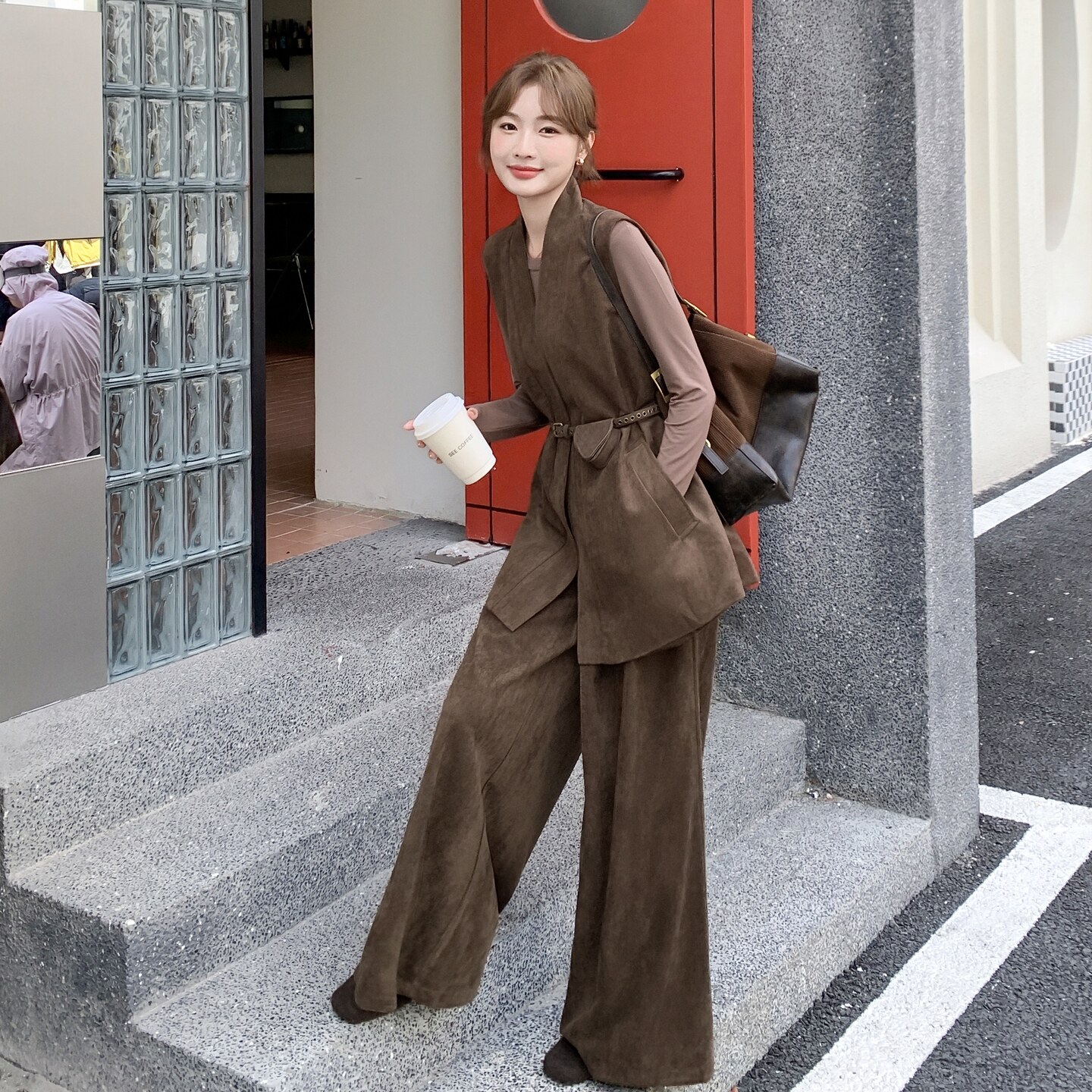 御姐轻熟风麂皮绒马甲阔腿裤套装女2025秋新款复古收腰显瘦两件套,女装套装/套裙,2C327