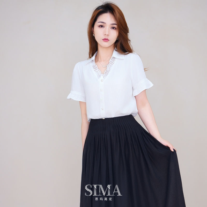 White V-Neck Lace Shirt for Women, Short-Sleeved, Commuter Style, Professional Wear, Versatile and Elegant Top 3661 White V-Neck Lace Shirt for Women, Short-Sleeved, Commuter Style, Professional Wear, Versatile and Elegant Top 3661