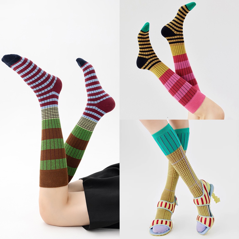 Spring and Summer Popular Retro Melard Style Color-Blocked Striped Outdoor Fashion Slimming Long Cotton Socks Knee-High Socks Slouch Socks Spring and Summer Popular Retro Melard Style Color-Blocked Striped Outdoor Fashion Slimming Long Cotton Socks Knee-High Socks Slouch Socks