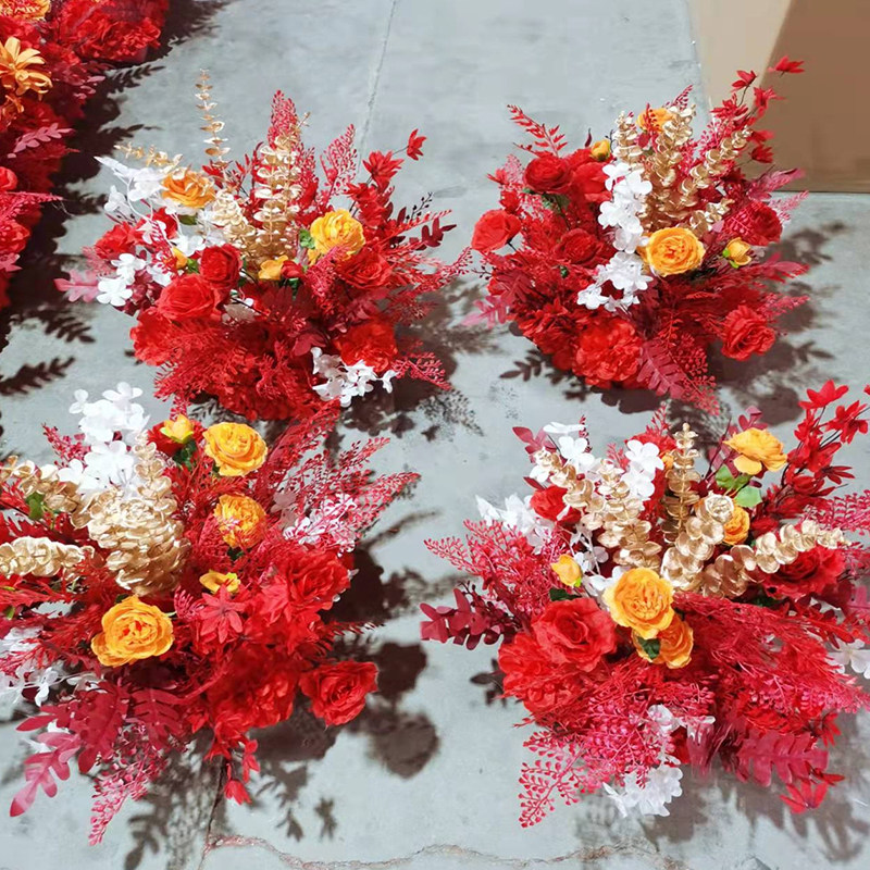 Red wedding simulation flower row flower decoration road lead fake