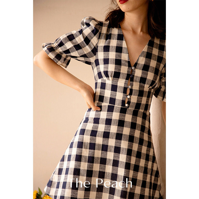 MICHELLLYMO French style retro palace sleeve plaid V collar to be slim and short chic Herbenwind dress woman