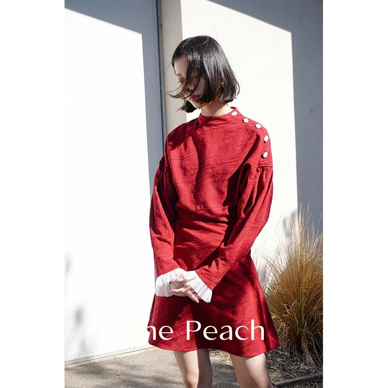 MICHELLLYMO STYLE RETRO FOREIGN DRESS SHORT DESIGN FEELING BUTTON Bubble Sleeves Heben Windless Black Dress