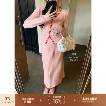 Thepeachofficial peach lover ສີບົວຄໍ v-knitted cardigan ສິ້ນແມ່ຍິງສອງສິ້ນຊຸດດູໃບໄມ້ລົ່ນ