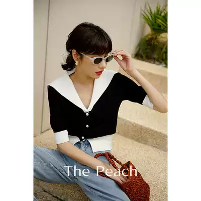 MICHELLYMO Navy neck knit top black and white color color short sleeve knitwear vintage foreign pie little shirt
