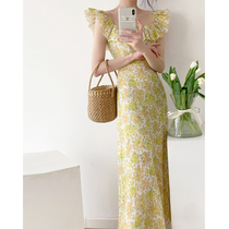 HICECI Dating robe linen long skirt French - shattered flower leaves with sleeveless dress female summer high waist
