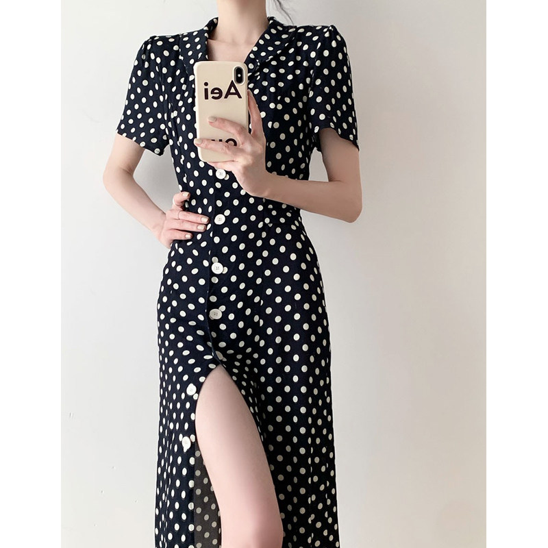 HICECI French Rouje wave dot long dress female summer shirt dress overhood short sleeve retro - knit wind is thin