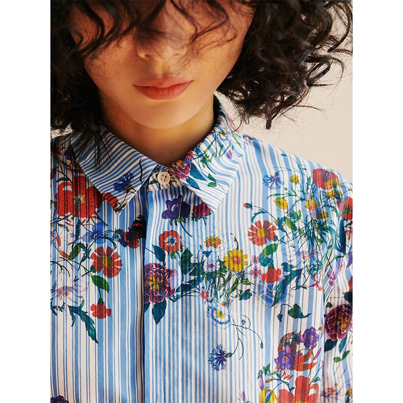 Bugs Italian imported cotton retro flower print striped shirt loose top 2022 new