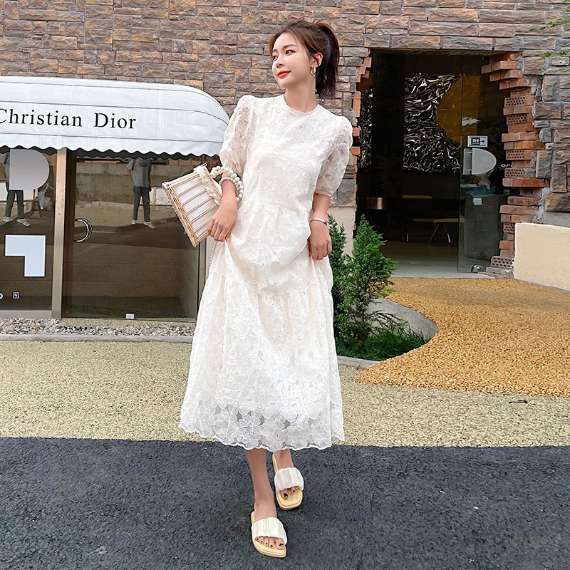 Valley Seven GUQIQI Summer New Sunflower Embroidered Floral Style Round Collar White Lace Light Lavish Fairy Skirt