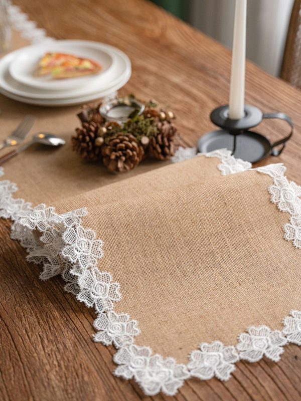 Jute Table Runner with Lace Trim, American and French Style Table Decoration, Placemat, Entryway Cover, Tableware Mat, Long Tablecloth