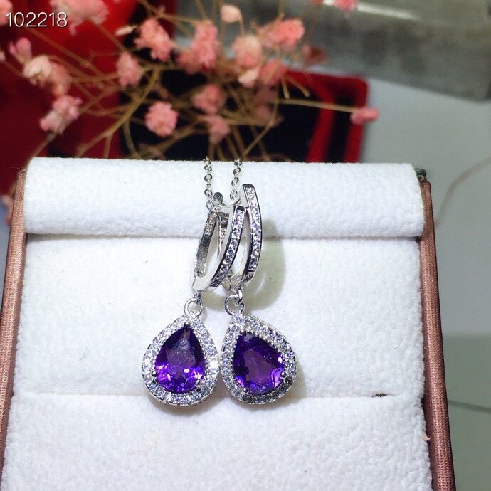 Серьги s925银镶天然紫水晶耳钉耳扣精致时尚漂亮紫色6*8mm水滴超美百搭 Xin Cheng