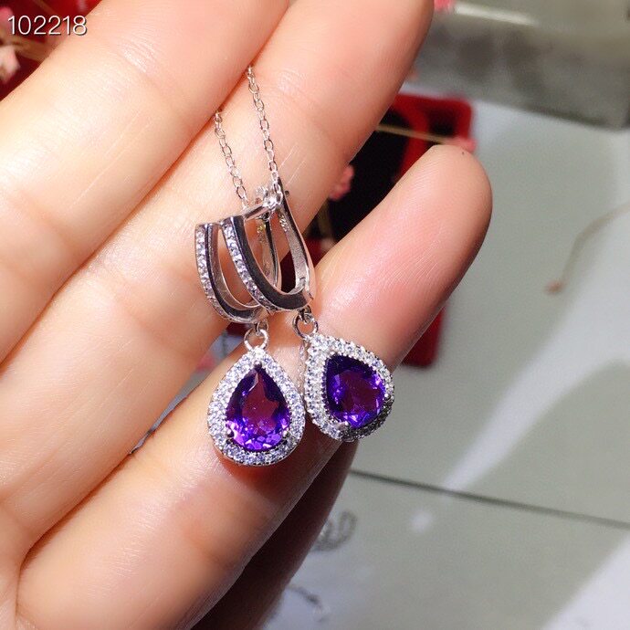 Серьги s925银镶天然紫水晶耳钉耳扣精致时尚漂亮紫色6*8mm水滴超美百搭 Xin Cheng