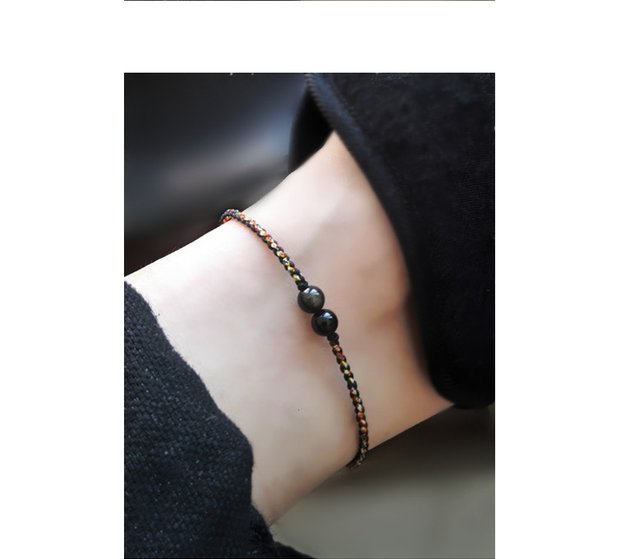 Sợi vàng nhiều màu của Obsidian được làm thủ công vòng chân thanh mảnh Joker boutique tươi và thanh lịch Tăng năng lượng tích cực lắc chân bạch kim