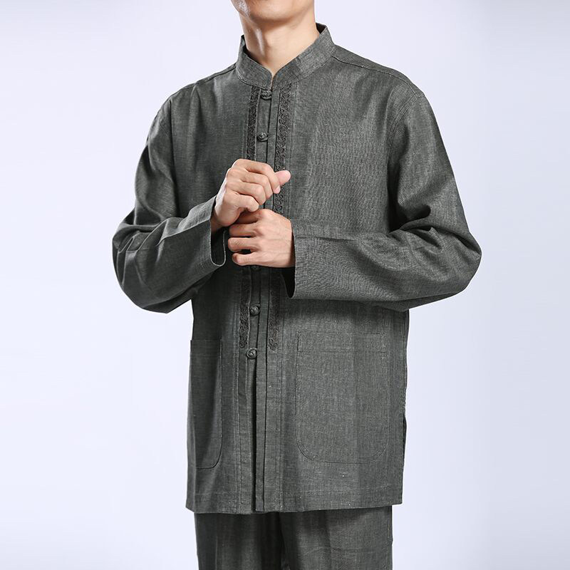 100 Forong Men's Tang Dress Flax Long Sleeve Blouses New Ethnic Wind Middle-aged Men's Clothing Daddy Grey China Wind