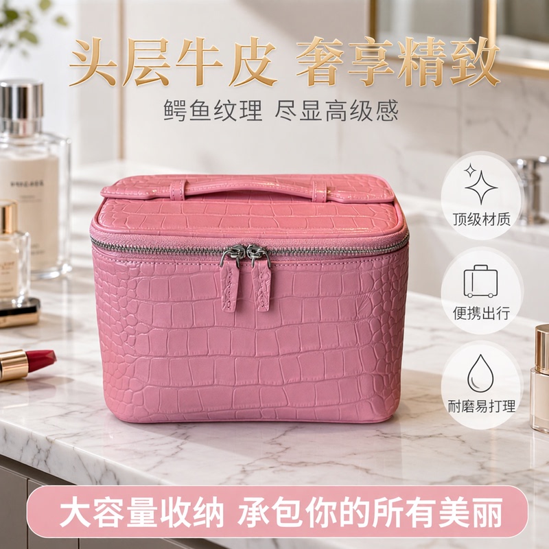 Pink Crocodile Pattern Cosmetic Bag 2026 First-Layer Cowhide Travel Toiletry Bag Portable Skin Care Product Genuine Leather Storage Bag Pink Crocodile Pattern Cosmetic Bag 2026 First-Layer Cowhide Travel Toiletry Bag Portable Skin Care Product Genuine Leather Storage Bag