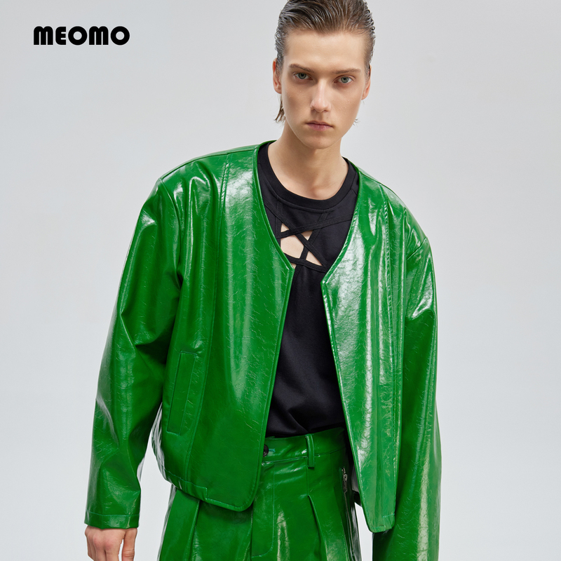 Meomo Designer Brand 2026 Spring New Green Pu Leather Jacket Glossy Fashionable Short Coat with Personality