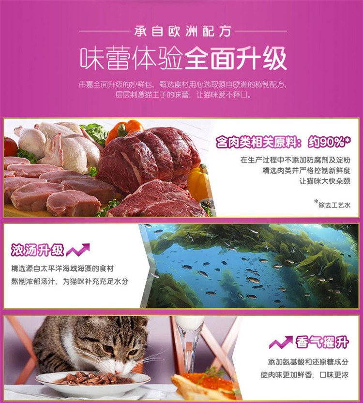 Mèo ướt thức ăn Wei Jia Miao gói tươi vào mèo 7 loại hương vị mèo đóng hộp mèo ăn nhẹ gói tươi 85g * 12 gói - Đồ ăn nhẹ cho mèo cám cho mèo