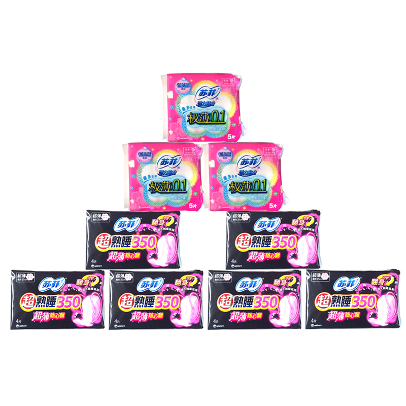苏菲卫生巾极薄弹力贴身5片*3+超熟睡350夜用4片*6包