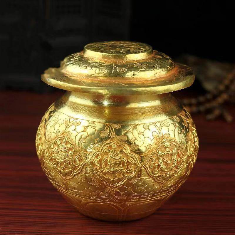 Nepalese handmade pure copper gilded Tibetan talent sinking treasure bottle nectar bottle eight auspicious finely carved cross pestle trumpet
