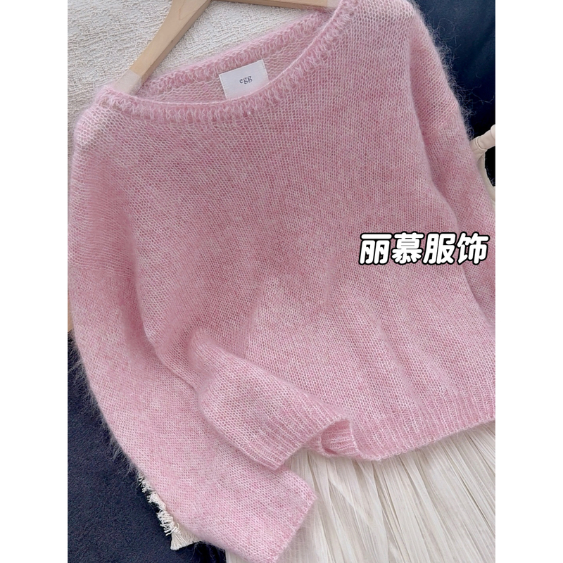 【Pink Island Evening Breeze】Fuzzy and Misty Mohair Sweater for Women, Gentle Light Pink Loose and Lazy Knitwear 3108 【Pink Island Evening Breeze】Fuzzy and Misty Mohair Sweater for Women, Gentle Light Pink Loose and Lazy Knitwear 3108