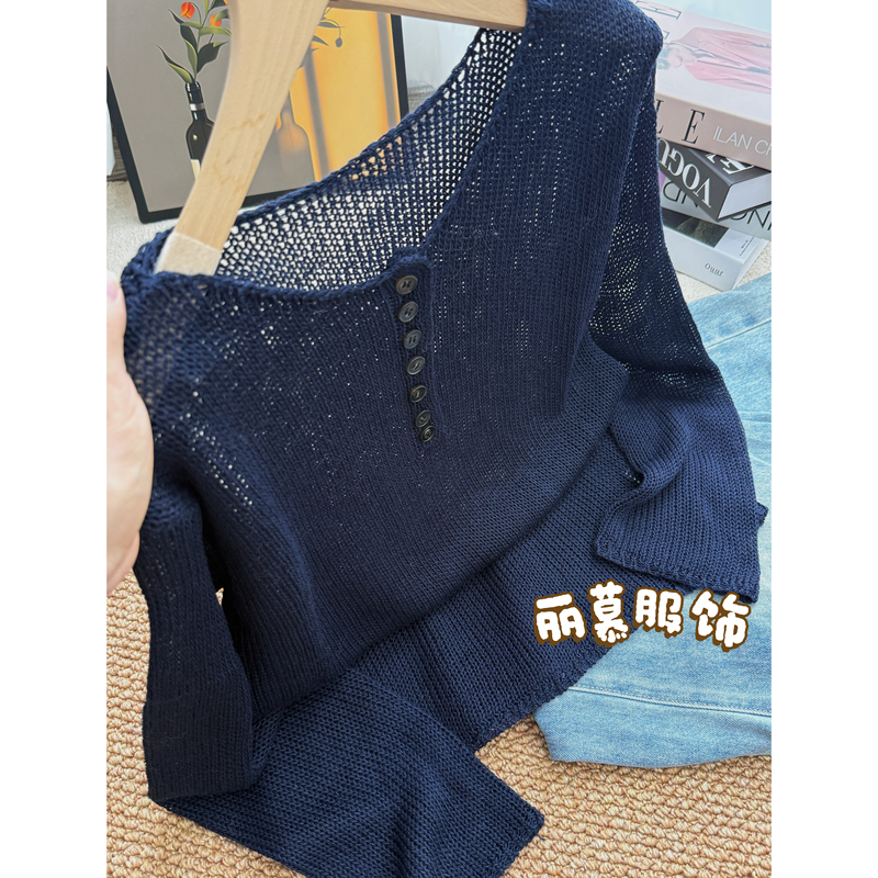 【Button Galore】Early Autumn Lazy Style Long-Sleeve Knit Sweater with Washi Yarn, Slimming and Versatile, Elegant Design 3073