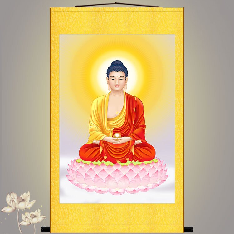 釋迦牟尼佛佛像畫佛陀世尊畫像佛堂復古裝飾畫絹布畫卷軸畫掛畫