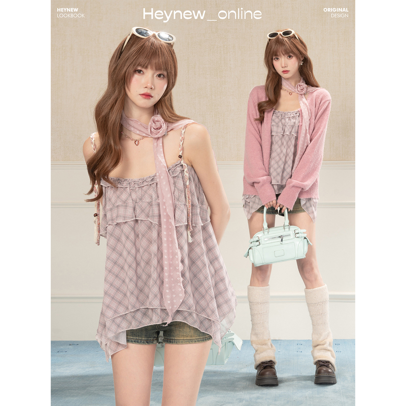Heynew Sweet Holiday Style Ruffled Plaid Woven Rope Strap Women's Spring and Summer New Loose Age-Reducing Top Heynew Sweet Holiday Style Ruffled Plaid Woven Rope Strap Women's Spring and Summer New Loose Age-Reducing Top