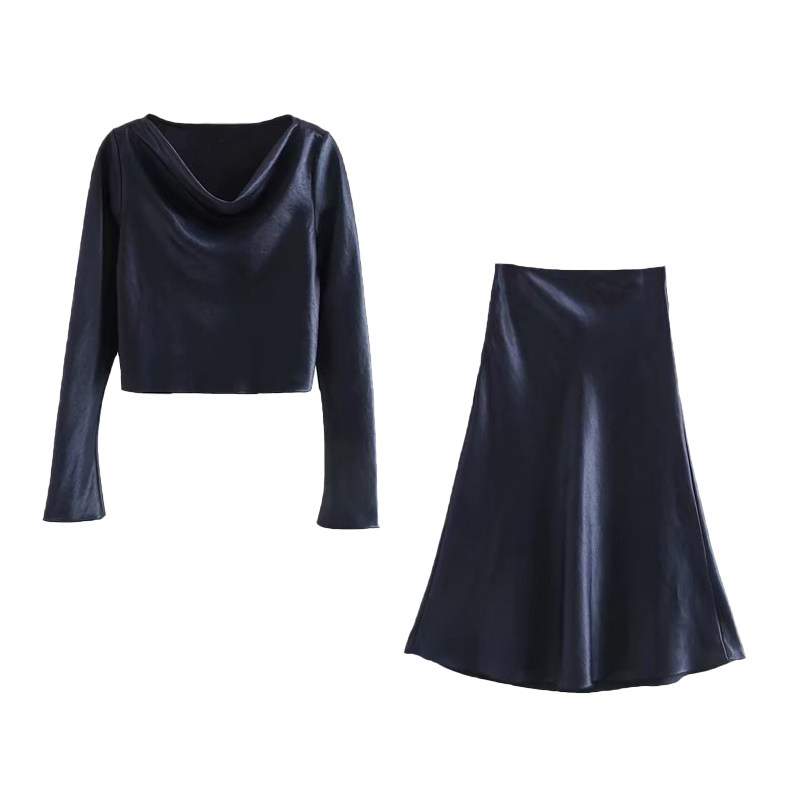 Foreign Trade Outlet France Tail Single Genuine Pint Single Women's Clothing Cut Mark Spring Satin Shirt Half Body Dress Two-piece Suit Tide