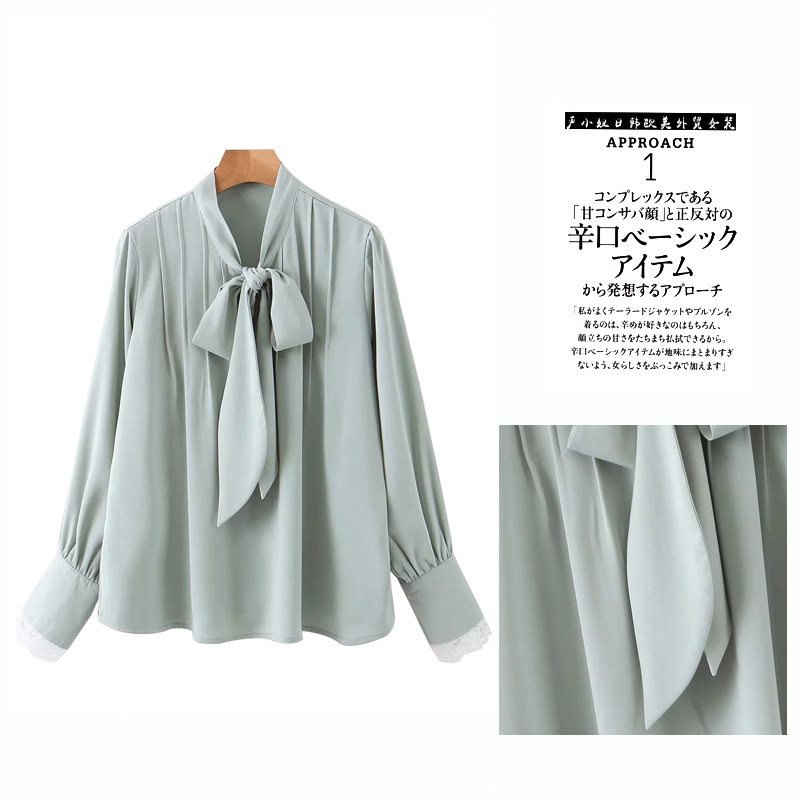 Day Ensemble Temperament Women Dress Spring Summer New Products Factory Single Clear Bin Discount lace sleeves Neck Knot Long Sleeve Shirt Shirt