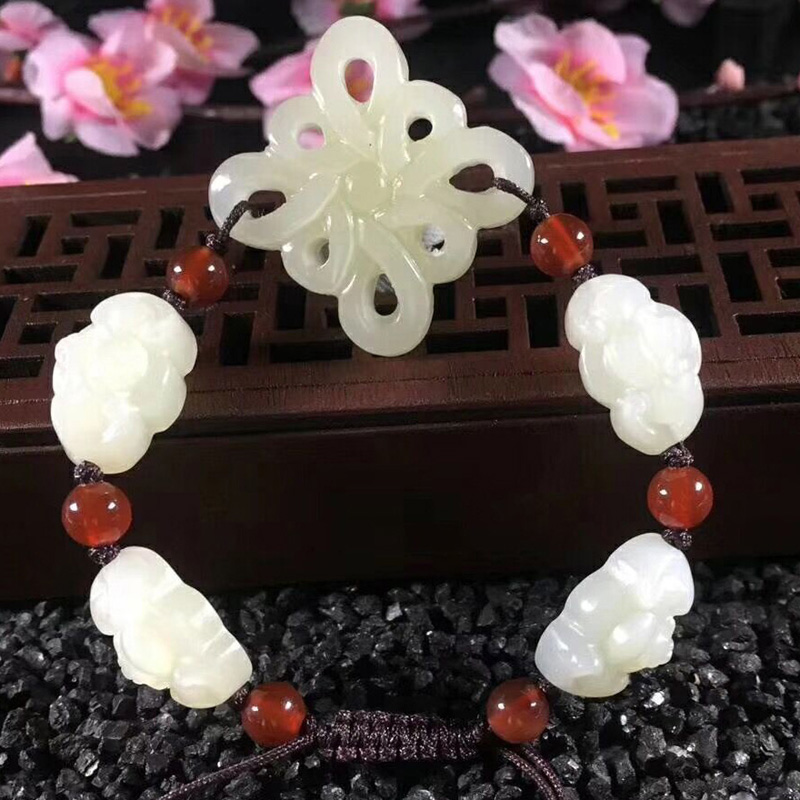 Xinjiang and Tian Yubai jade Chinese knot hand chain bat jade bracelet male and female handdecorated with certificate-Taobao