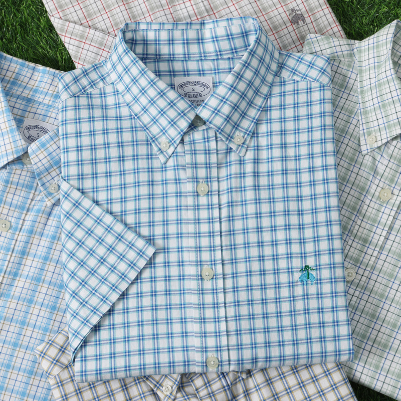Brooks Brothers Men's Short-Sleeved Shirt Pure Cotton Plaid No-Iron Polo Shirt
