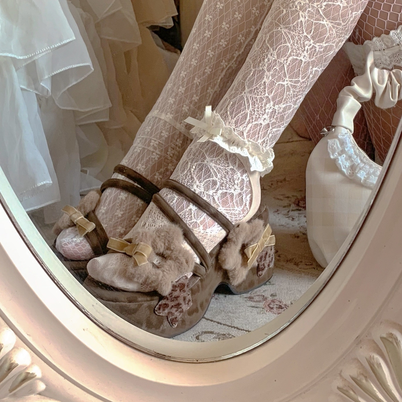 Pinkyo Original Leopard Print Plush Star Bow Sandals Japanese Style Shibuya Hot Girl Vintage Style Thick-Soled High Heels Pinkyo Original Leopard Print Plush Star Bow Sandals Japanese Style Shibuya Hot Girl Vintage Style Thick-Soled High Heels