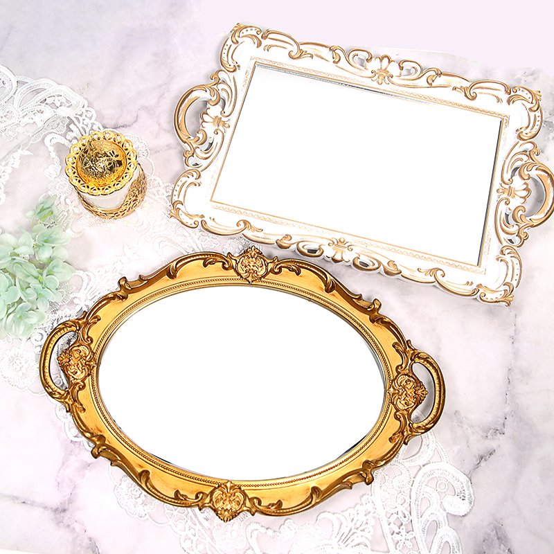 Vintage vintag light luxury Lolita gold vintage mirror tray Dresser cosmetic storage tray Resin tray