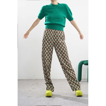 LAN VIVIER retro skinny print elastic high waist wide leg straight trousers wrinkle resistant cool spring and summer