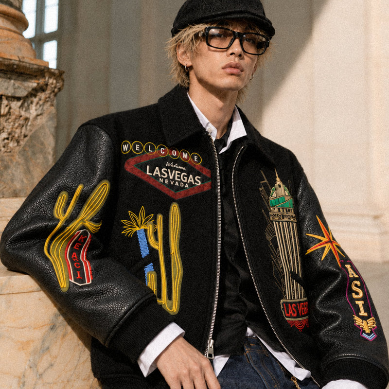 American Retro Men's Jacket Leather Patchwork Embroidered Jacket Loose Autumn and Winter Baseball Jacket