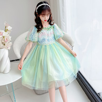 Childrens one-piece dress Summer Girls 2022 new green mesh Dress Little Girl Foreign Air Trendy Sequel Princess Dress