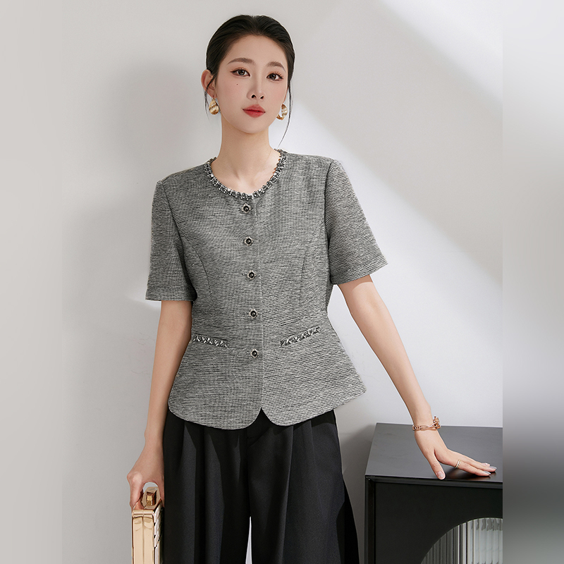 Jianman [Commuting Elegance] Light Luxury Gold Thread Tweed Chanel-Style Thin Jacket, Elegant Short-Sleeved Top for Women in Summer
