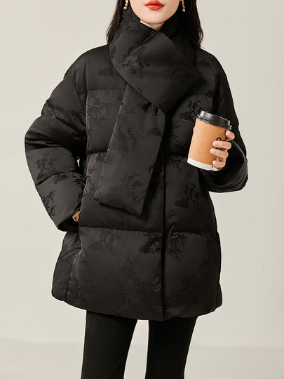 Jianman, dark fragrance floating, new Chinese jacquard, real 90 white goose down, loose scarf, Chinese style down jacket for women